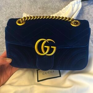 Gucci GG marmont small navy matelasse velvet flap bag